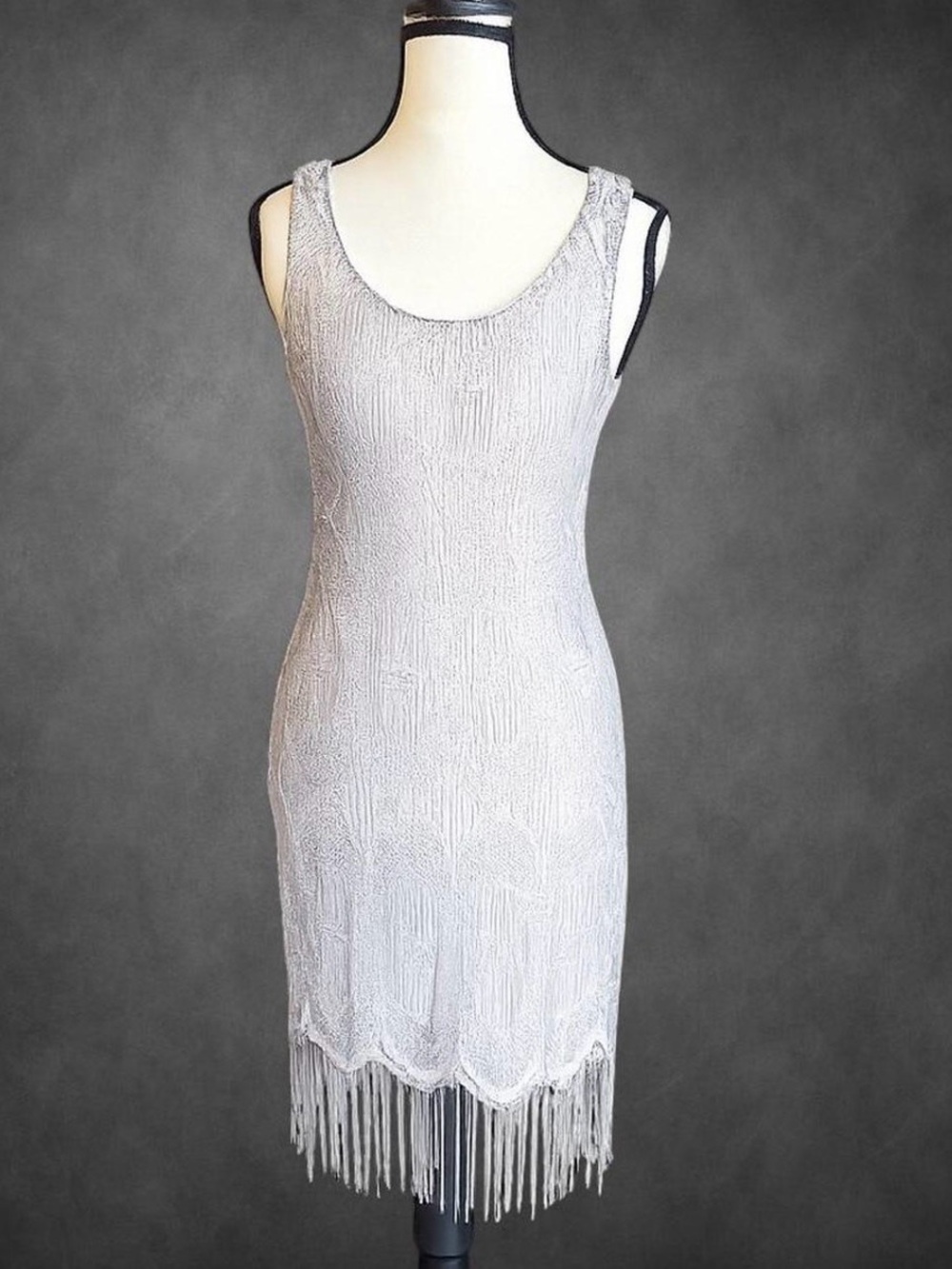 Venus Silver Lace Fringe Bodycon Dress‎ Art Deco XS Made In USA